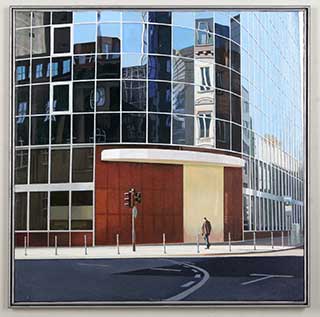 Dieter Mulch: Straßenecke mit Hochhaus, Frankfurt, Acryl auf Leinwand, 2006